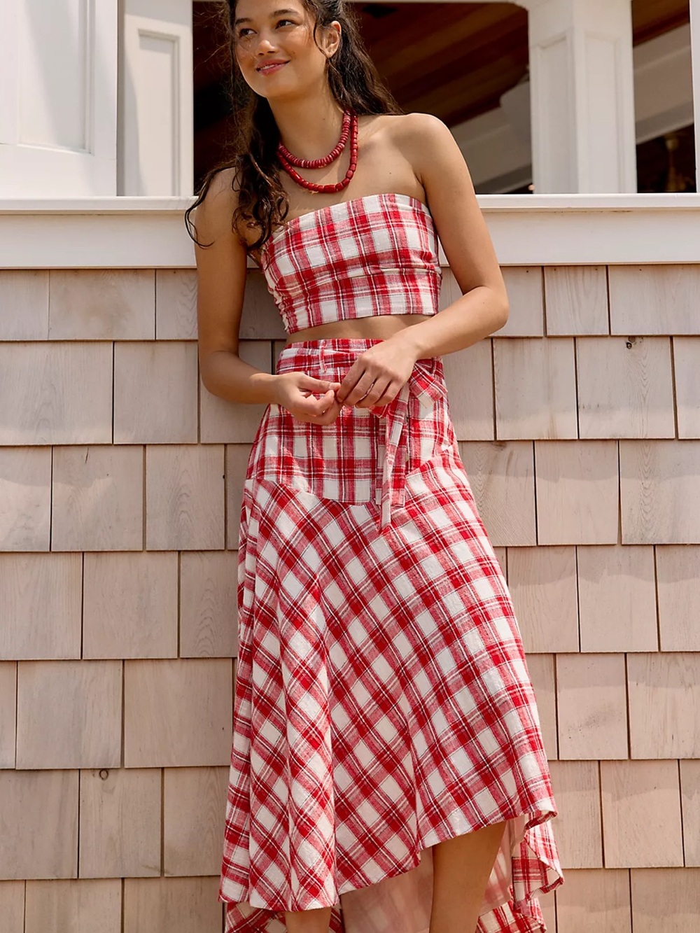 Free People After You Red White Plaid Strapless Crop Top & Skirt Set NWT